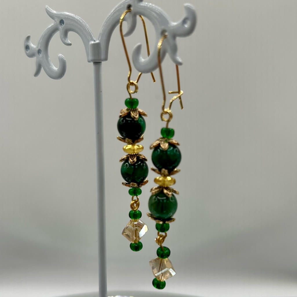Green Tigers Eye Quartz Crystals 18k Gold Dangle Beaded Earrings 25$